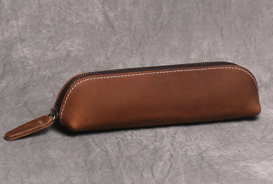 Paavo Leather Pen Case handcrafted from full grain crazy horse leather with brass YKK zipper for pens and makeup storage