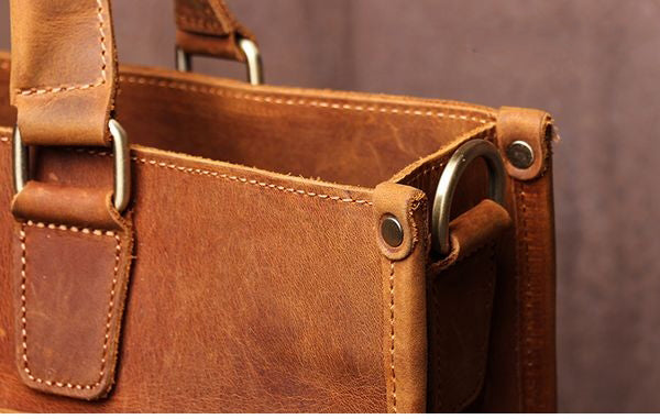 Vintage Dagmar Leather Briefcase in rich brown Crazy Horse leather with adjustable shoulder strap and multiple compartments
