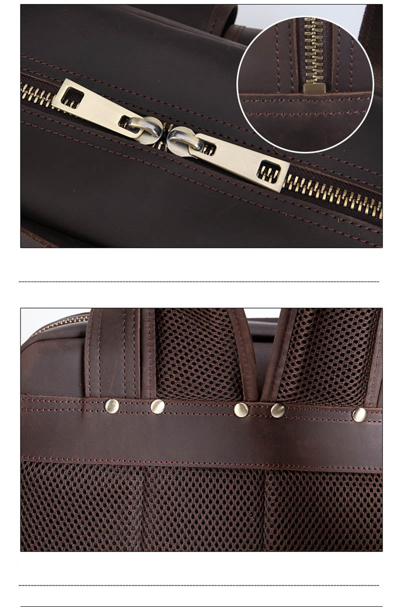 Large leather camera bag backpack made from full-grain crazy horse leather with padded straps and multiple storage compartments