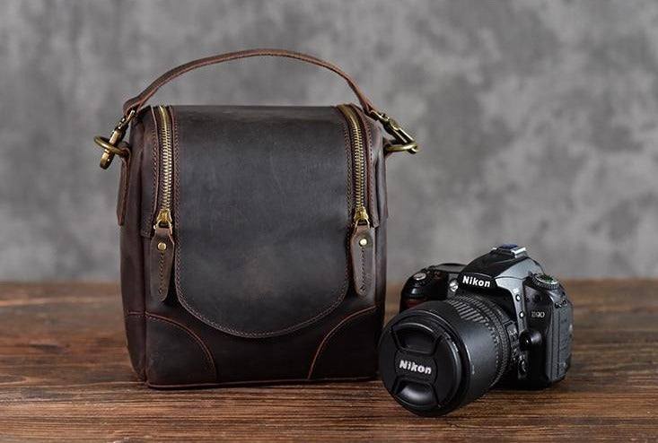 Handcrafted Calista small leather camera bag made from full-grain vegetable-tanned crazy horse leather with adjustable shoulder strap and multiple compartments