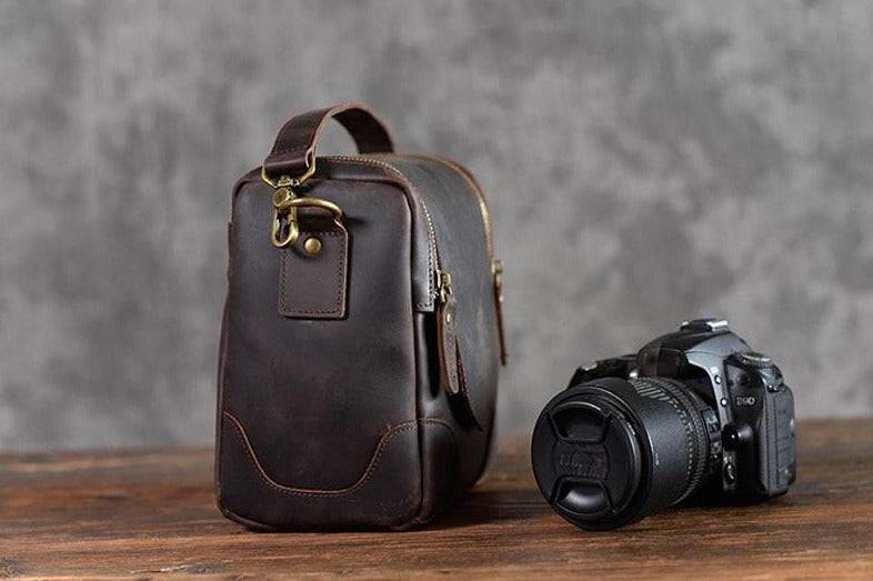 Small leather camera bag Calista made from full-grain vegetable-tanned leather with adjustable strap and multiple compartments