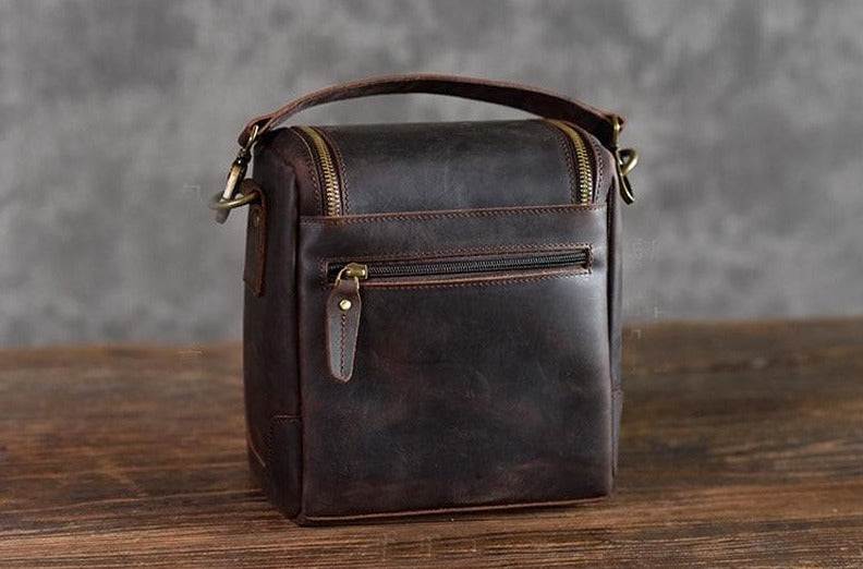 Small leather camera bag Calista handcrafted full-grain vegetable-tanned leather compact stylish with adjustable strap and multiple compartments