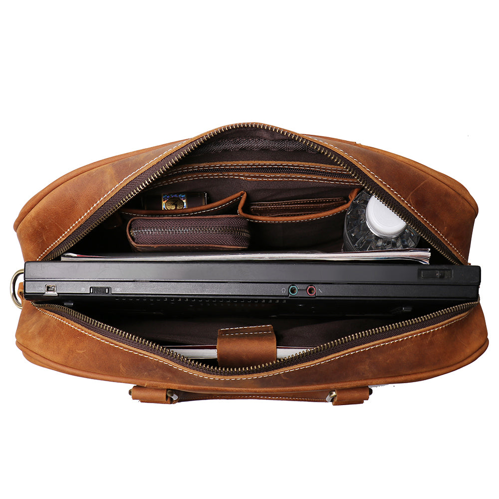 Vintage leather briefcase Bjorn in premium crazy horse leather with adjustable shoulder strap and spacious compartments for laptop and essentials