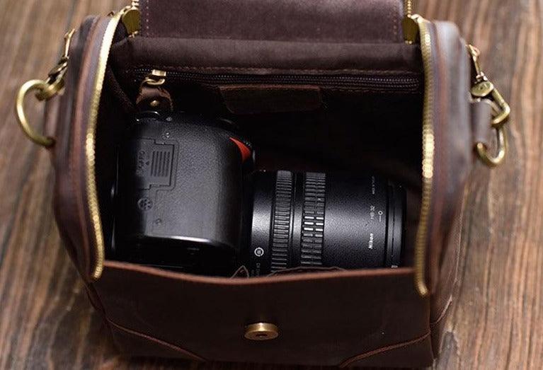 Small leather camera bag Calista handcrafted full-grain vegetable-tanned leather with adjustable shoulder strap and zippered compartments