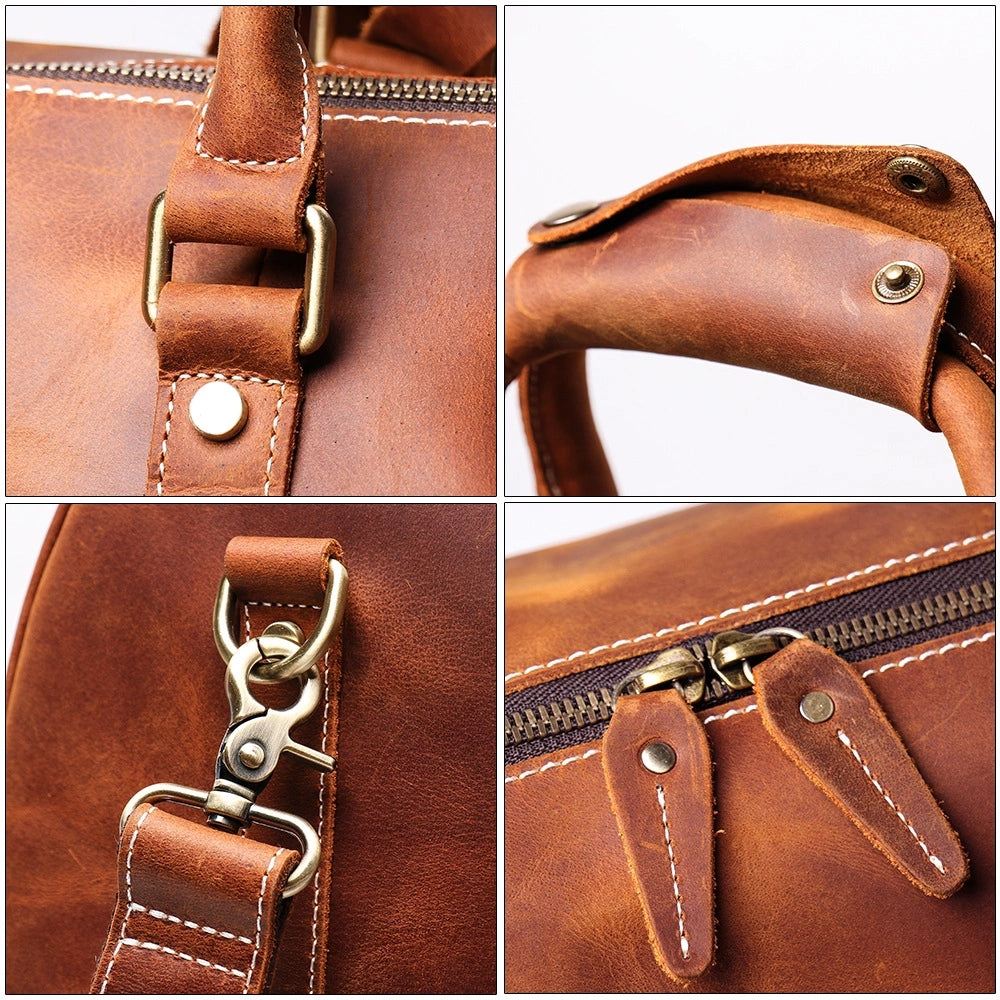 The Brandt Weekender small black leather duffle bag for travel and work
