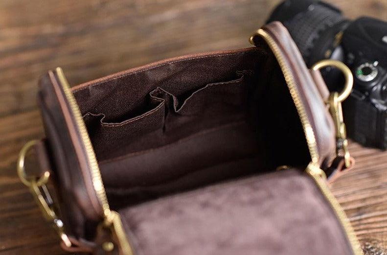 Handcrafted small leather camera bag Calista made from full-grain vegetable-tanned leather with adjustable strap and zippered compartments