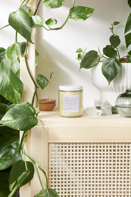 Glass jar of organic healing body cream for dry skin by Butter Me Up
