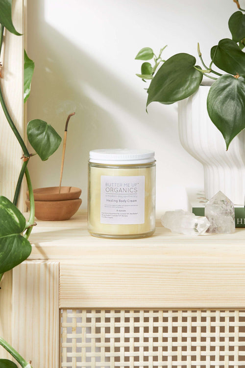 Healing Body Cream in glass jar with metal lid for dry skin moisturizing and nourishing organic lotion by Butter Me Up