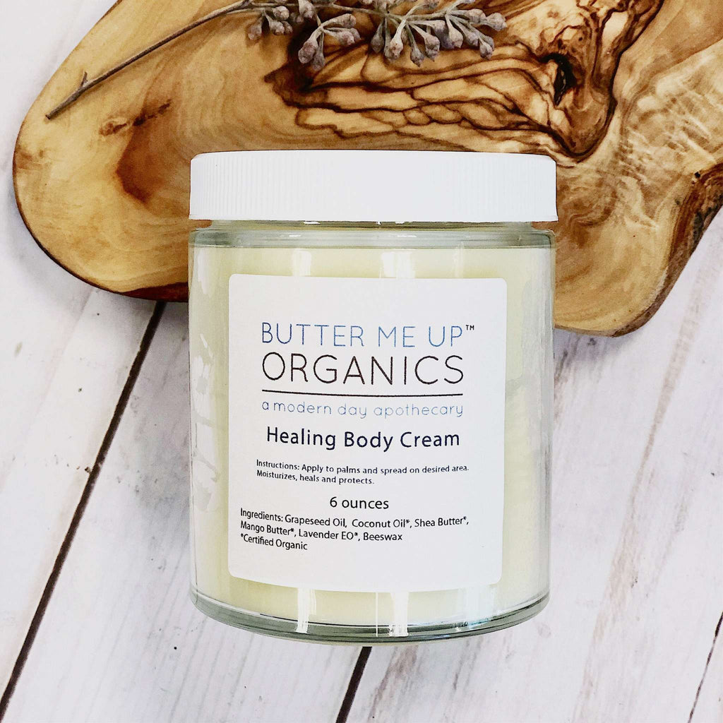 Healing Body Cream in glass jar with metal lid for dry skin hydration and nourishment