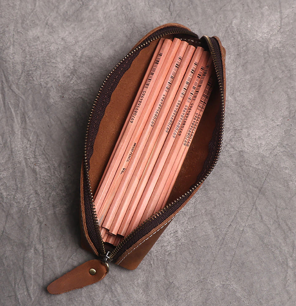 Paavo Leather Pen Case made of full grain crazy horse leather with brass YKK zipper