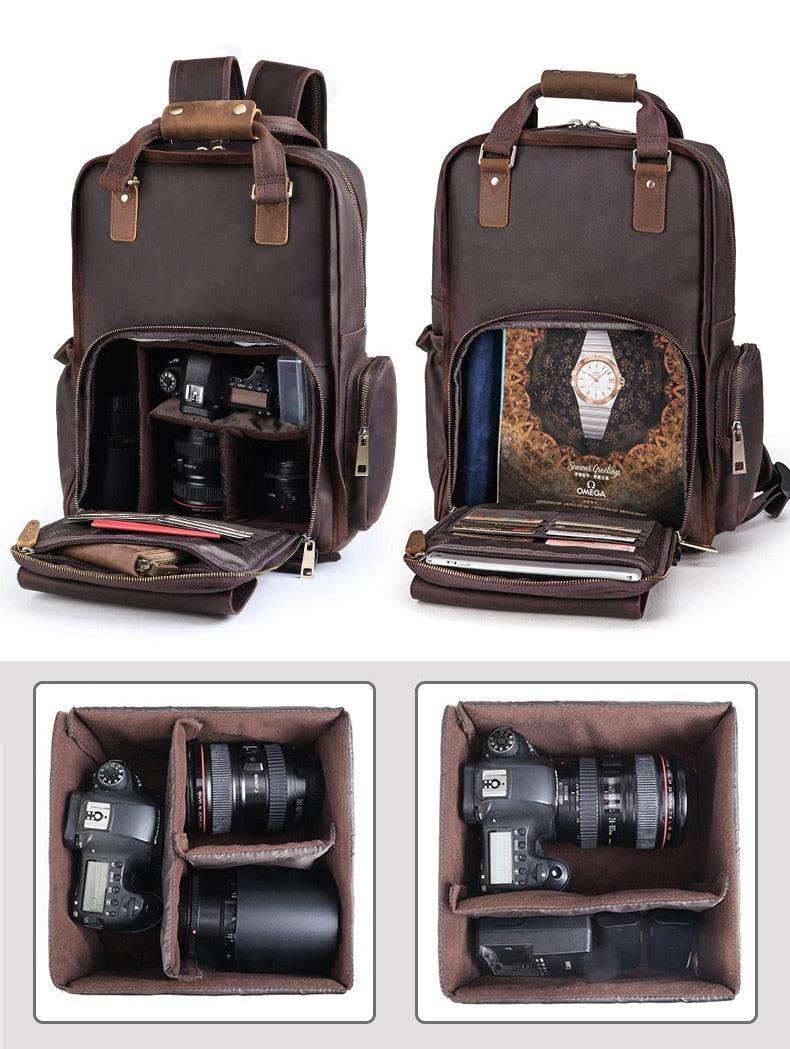 Large leather camera bag backpack handcrafted from full-grain crazy horse leather with padded straps and multiple compartments for camera gear and laptop