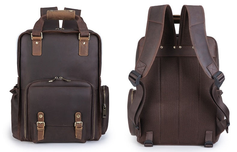 Large leather camera bag backpack in full-grain crazy horse leather with padded straps and multiple compartments for photography gear and laptop.