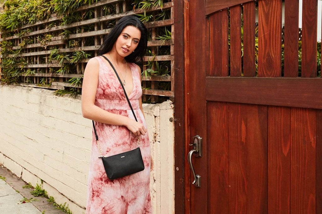 Kiko Two Chain Crossbody Bag in genuine Saffiano leather with internal zipper pocket and compact dimensions