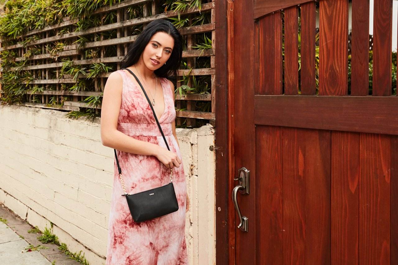 Kiko Two Chain Crossbody Bag in genuine Saffiano leather with internal zipper pocket and compact dimensions