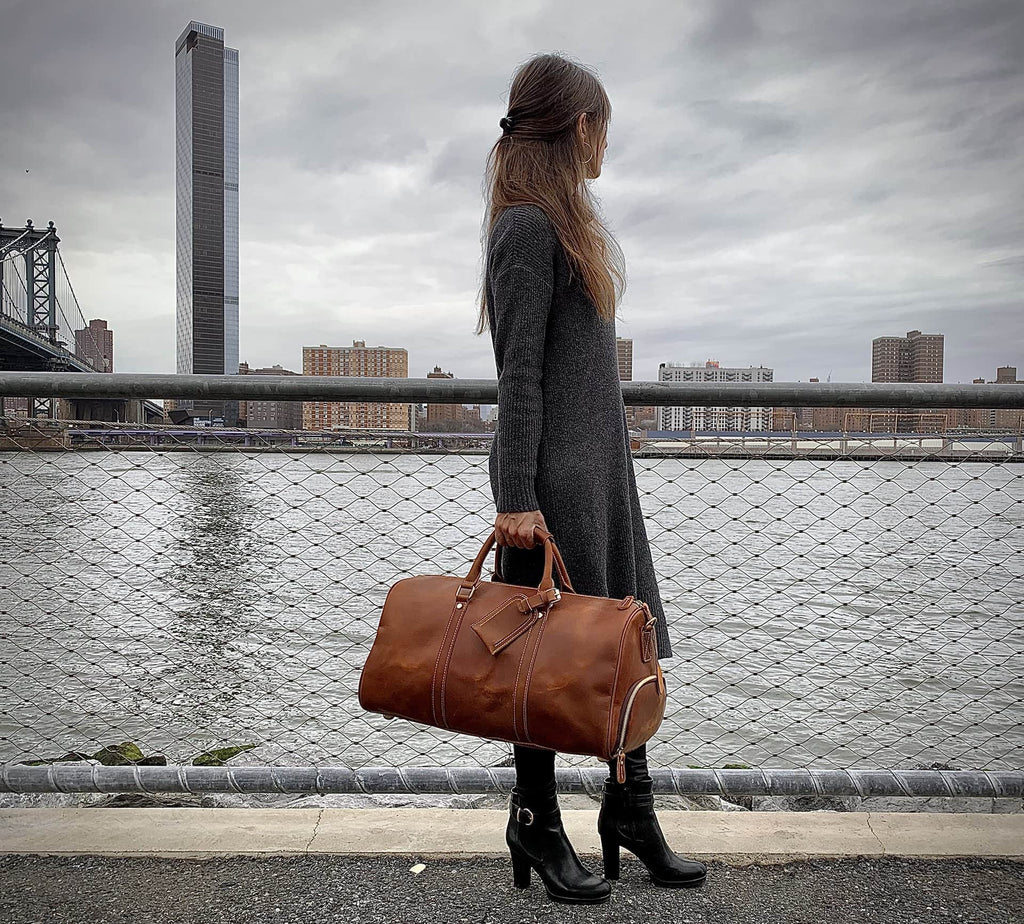Dagny Leather Weekender Duffle Bag in rugged crazy horse leather with spacious compartments and removable shoulder strap