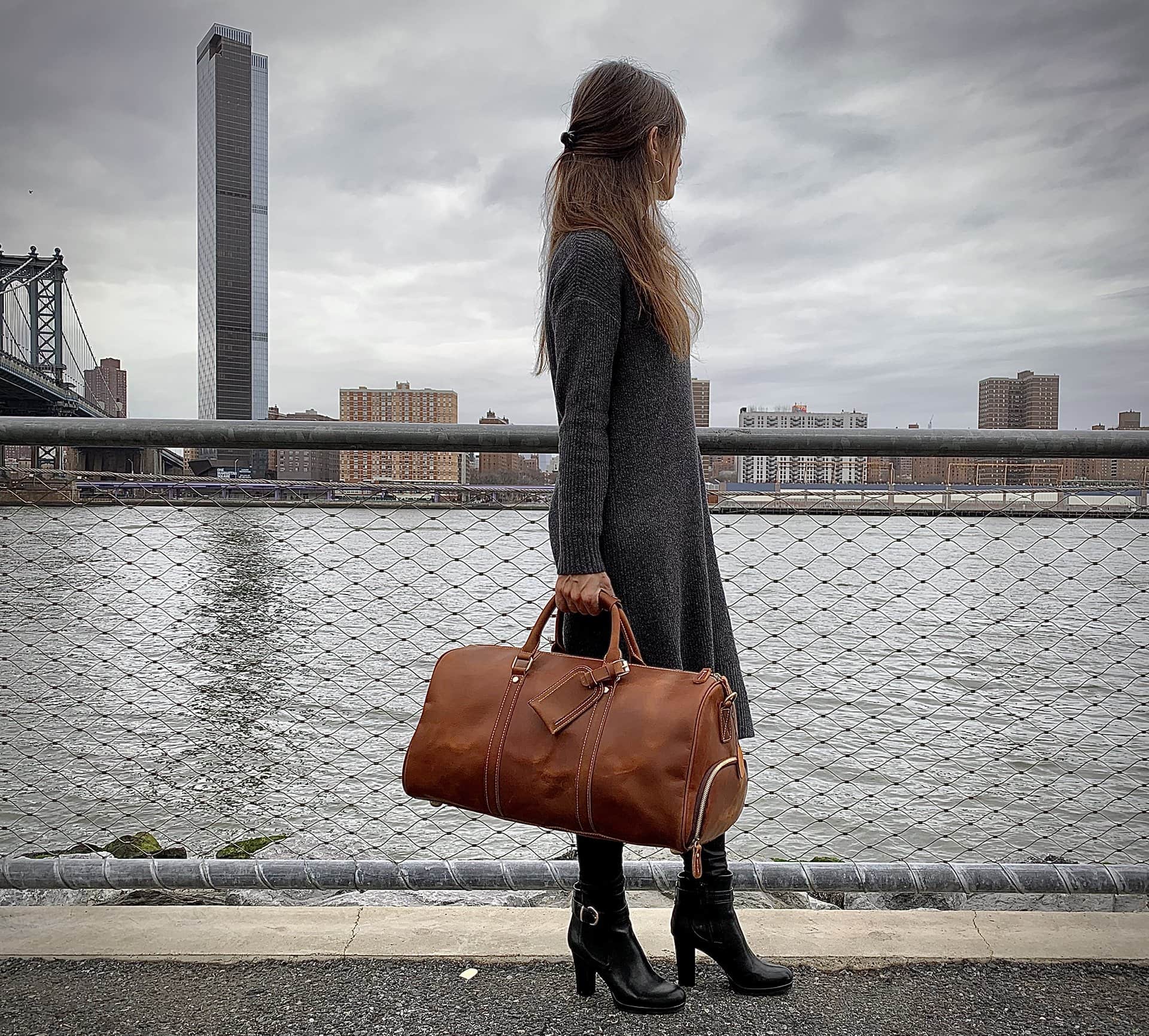 Dagny Leather Weekender Duffle Bag in rugged crazy horse leather with spacious compartments and removable shoulder strap