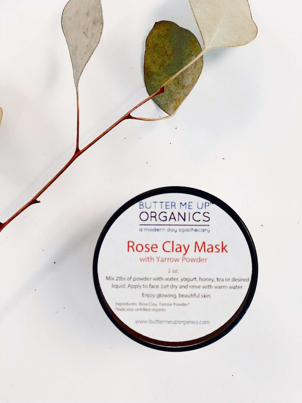 Jar of Organic Rose Clay face mask by Butter Me Up Organics with natural ingredients and eco-friendly packaging