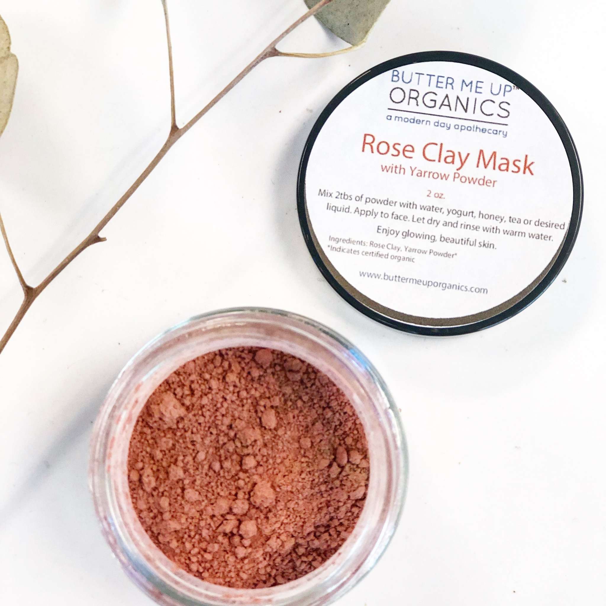 Jar of Organic Rose Clay Face Mask by Butter Me Up Organics with natural ingredients and eco-friendly packaging