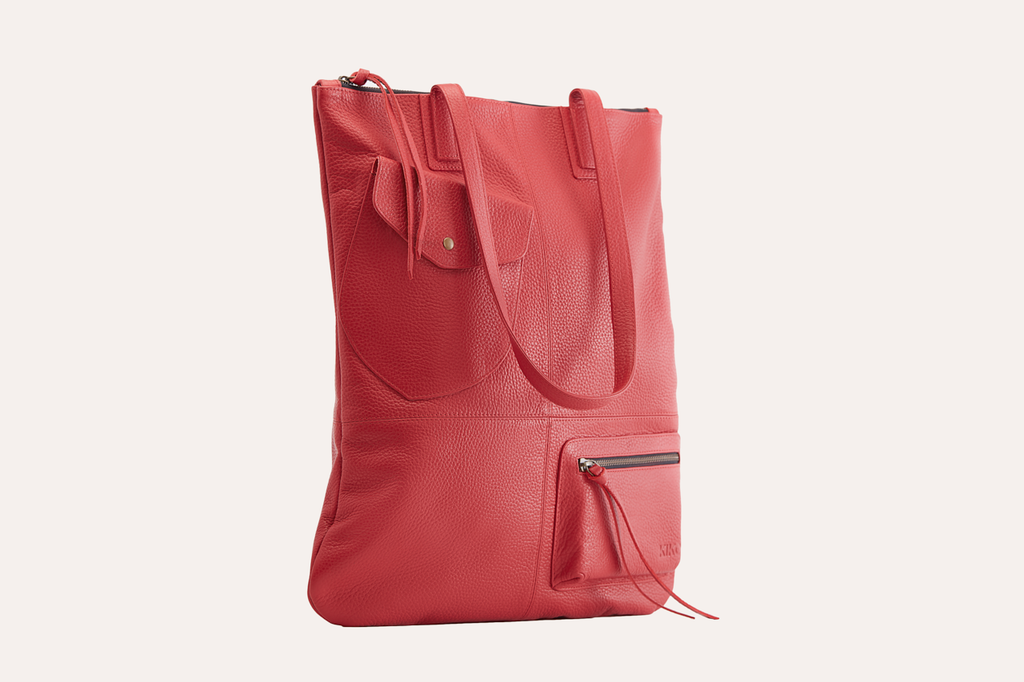 Fold n Hold Tote in soft cowhide leather with plaid lining and exterior pockets