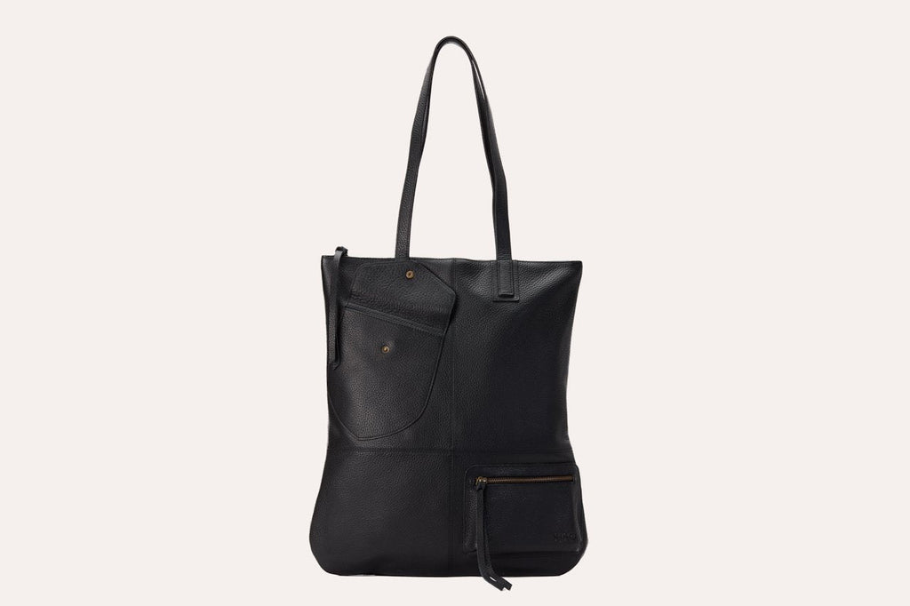 Kiko Fold n Hold Tote in cowhide leather with plaid lining and exterior pockets