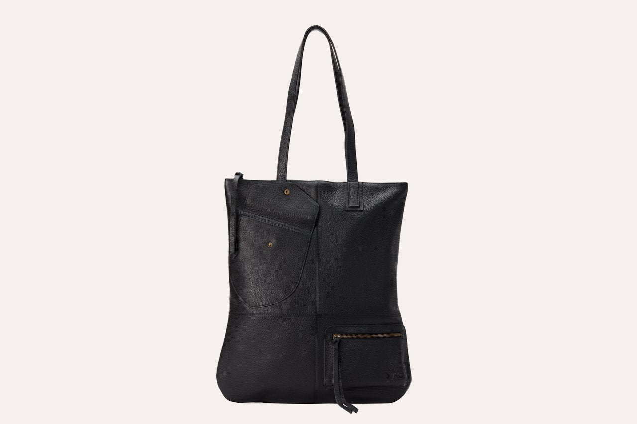 Kiko Fold n Hold Tote in cowhide leather with plaid lining and exterior pockets