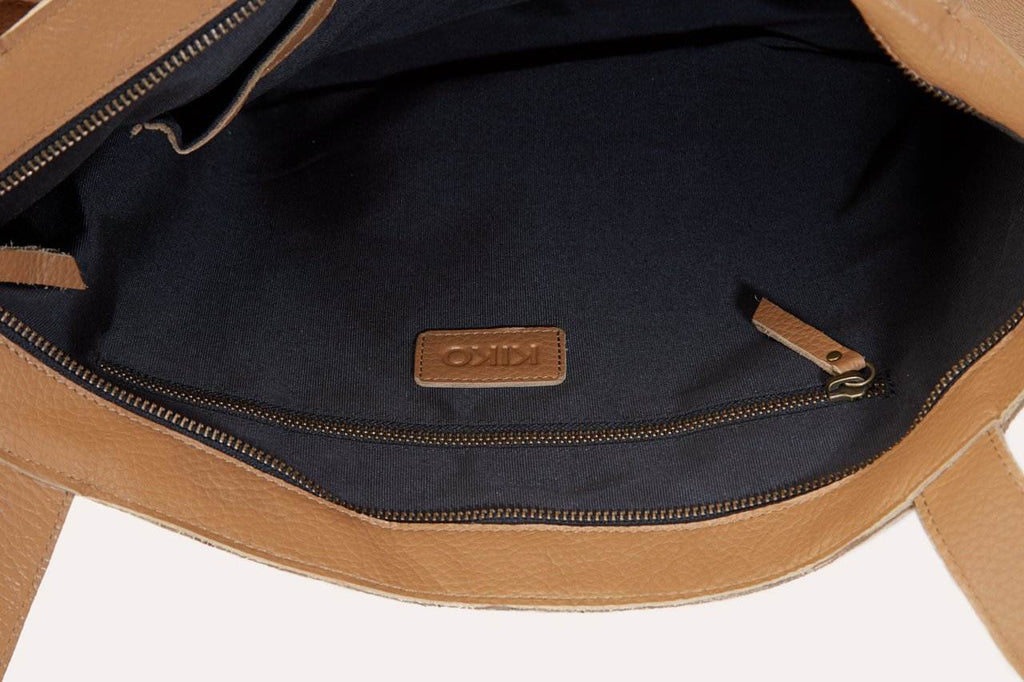 Kiko On The Go Tote Bag genuine leather soft box design with top zip closure and internal pockets for organization