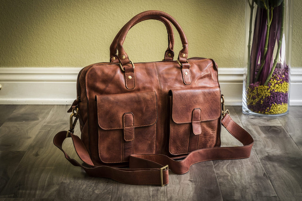 Kiko Commuter Briefcase genuine washed leather messenger bag with multiple pockets and laptop sleeve