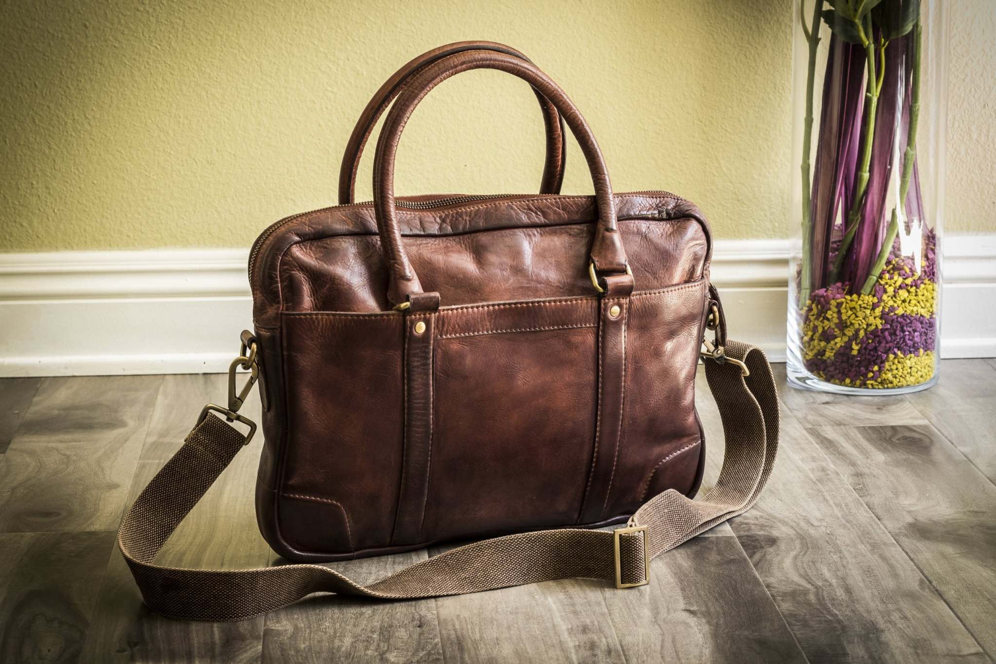 Kiko sleek genuine washed leather briefcase with laptop sleeve and external pockets
