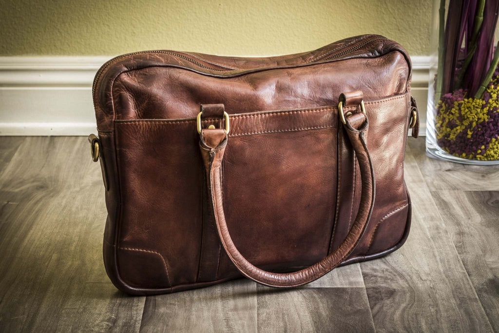 Kiko sleek briefcase genuine washed leather laptop bag with external pockets and adjustable strap