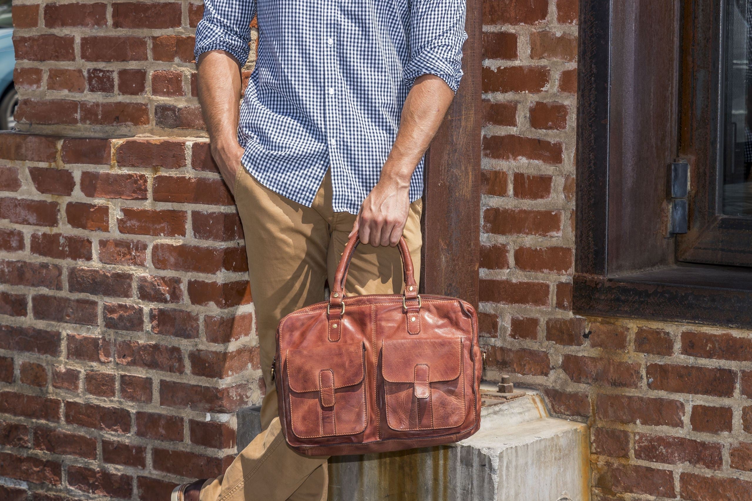 Kiko commuter briefcase genuine washed leather messenger bag with laptop sleeve and external pockets