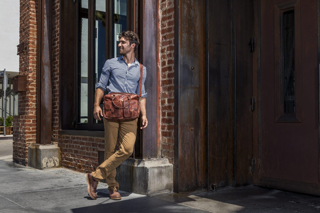 Kiko commuter briefcase genuine washed leather messenger bag with laptop sleeve and external pockets