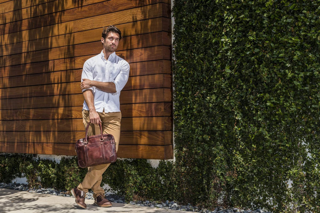 Kiko sleek briefcase genuine washed leather laptop bag with external pockets and adjustable strap