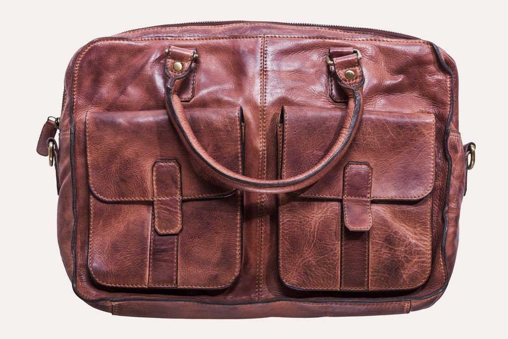 Kiko Commuter Briefcase genuine washed leather messenger bag with laptop sleeve and external pockets
