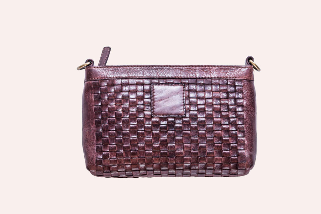 Kiko Weaved Crossbody Bag in genuine washed leather with adjustable strap and top zip closure