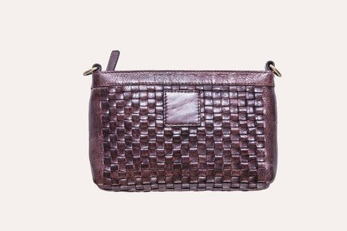 Kiko Weaved Crossbody Bag in genuine washed leather with adjustable strap and top zip closure