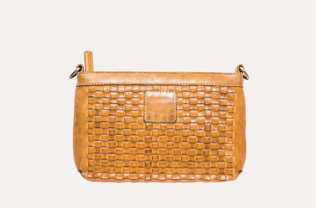 Kiko Weaved Crossbody Bag in genuine washed leather with adjustable strap and zip closure