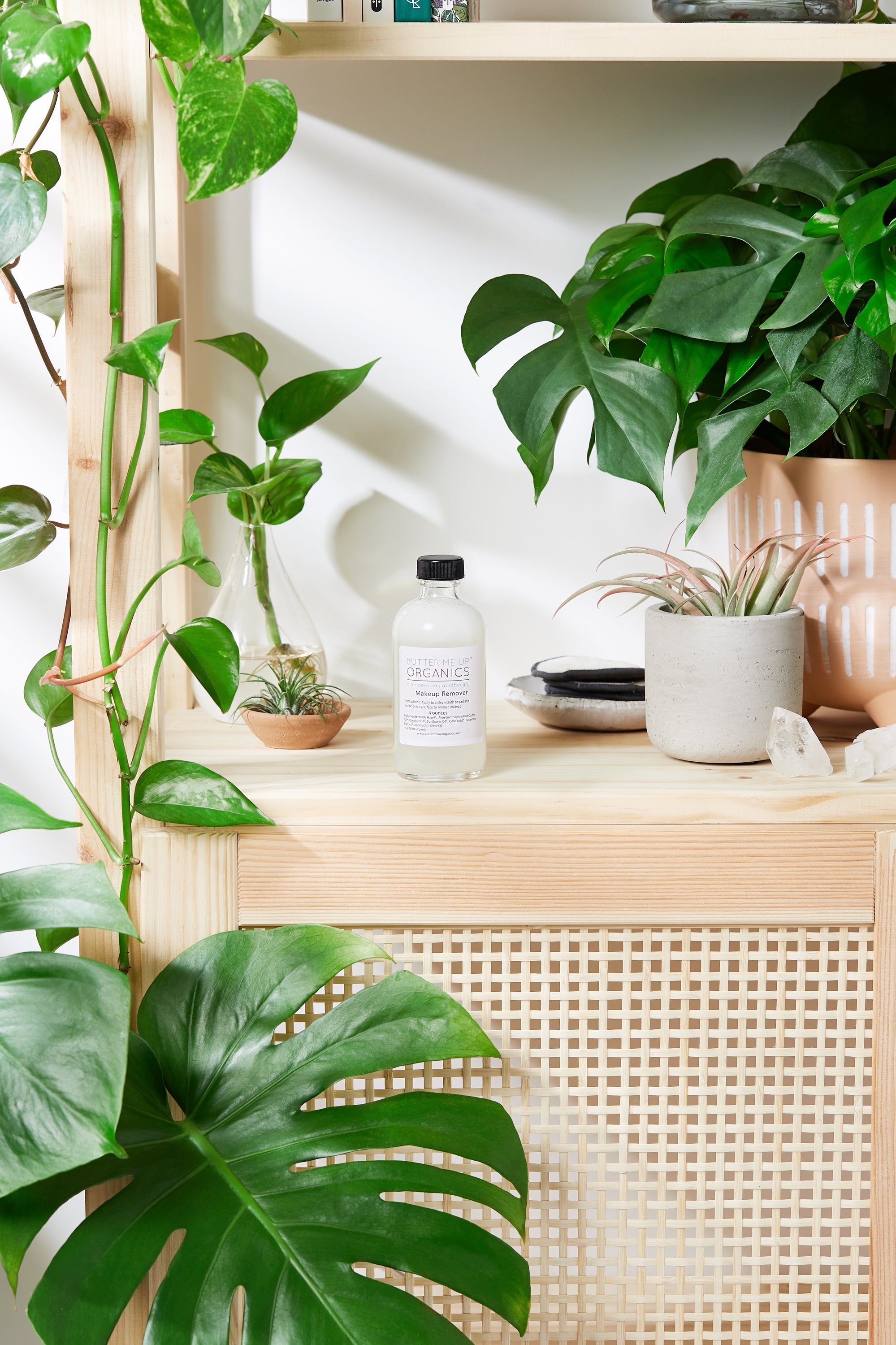 Organic makeup remover bottle by Butter Me Up Organics for gentle, toxin-free sensitive skin cleansing