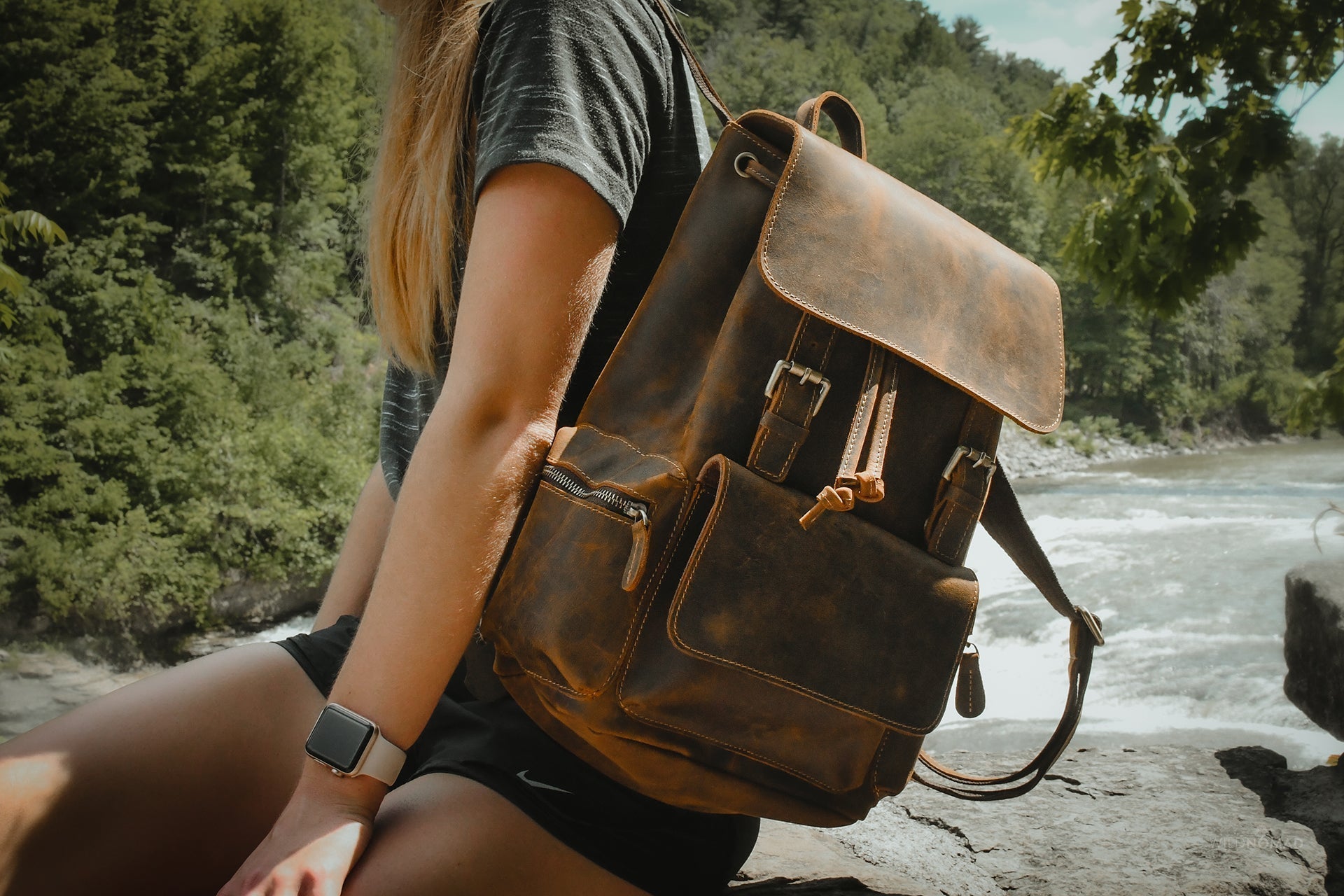 Hagen Backpack vintage genuine leather backpack with magnetic lock front pocket and adjustable straps