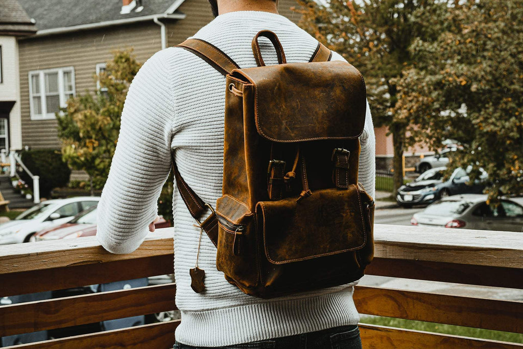 Hagen Backpack vintage genuine leather backpack with front magnetic pocket and adjustable straps