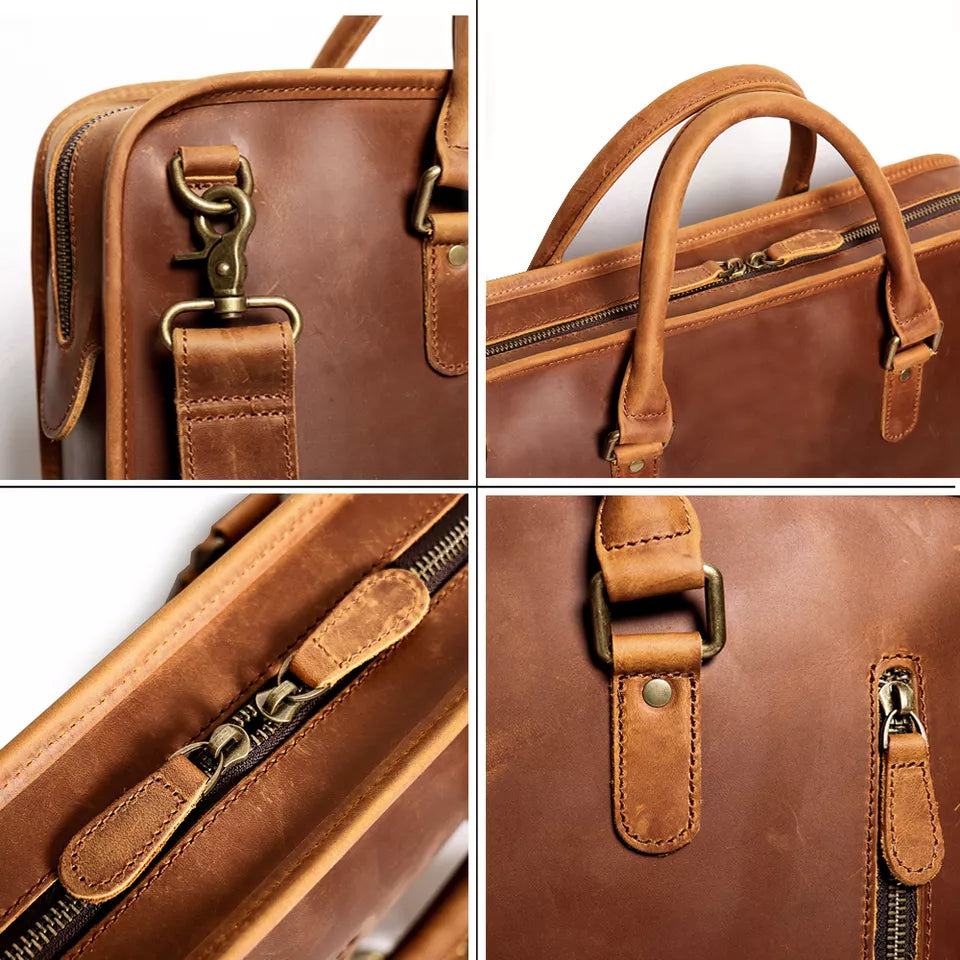 Hemming Leather Laptop Bag, a brown Crazy Horse leather briefcase with twin handles, zippers and shoulder strap fittings