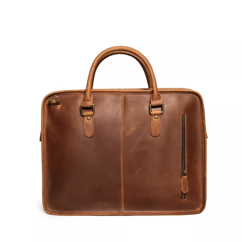 Hemming Leather Laptop Bag, a brown vintage leather briefcase with twin handles and front zip pocket