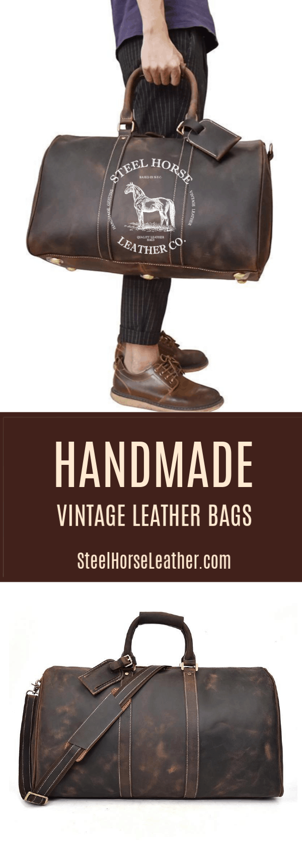 Bjarke Weekender handcrafted leather duffle bag with adjustable shoulder strap and vintage crazy horse leather design