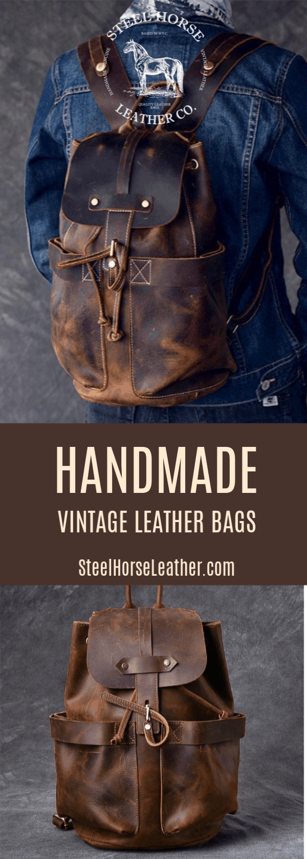 Olaf Leather Travel Backpack vintage crazy horse leather with front pockets and adjustable straps