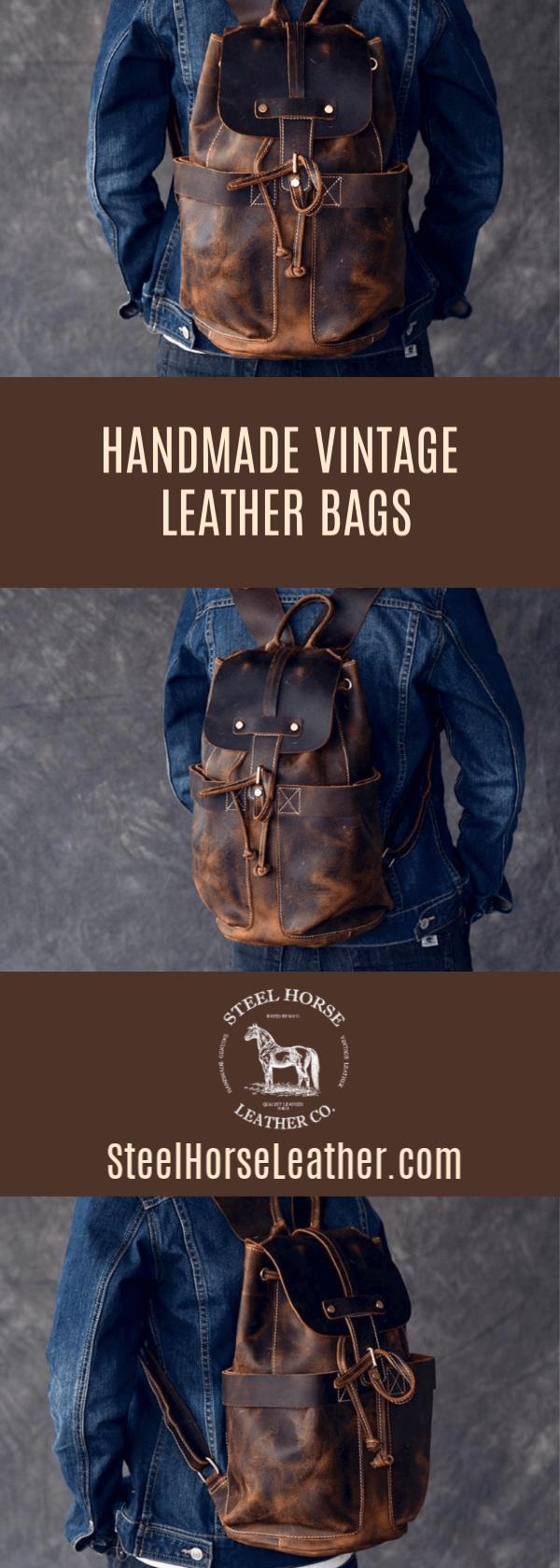Olaf Leather Travel Backpack in vintage crazy horse leather with front pockets and adjustable straps
