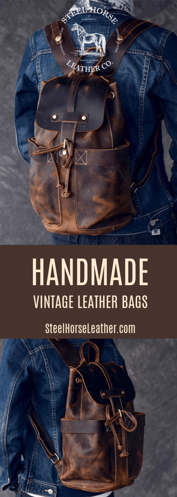 Olaf Leather Travel Backpack in vintage crazy horse leather with front pockets and adjustable straps