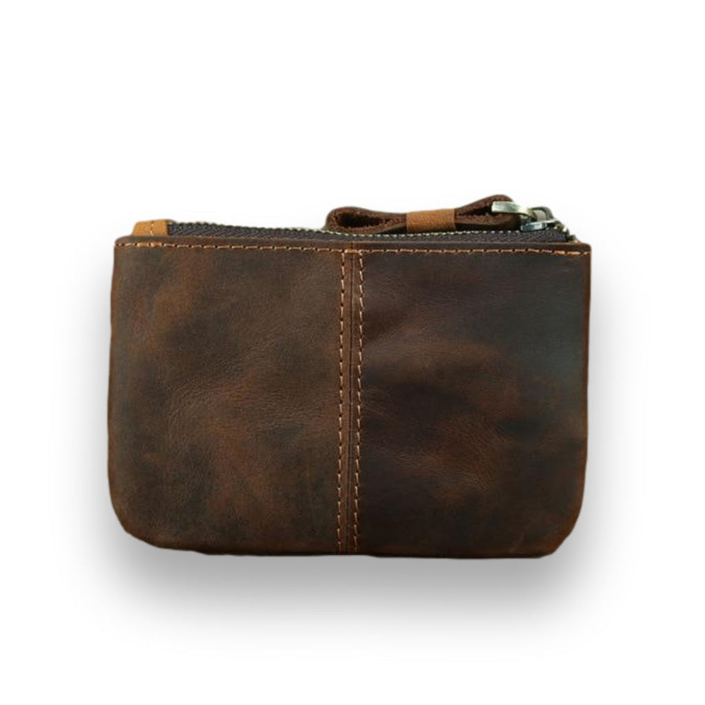 Handmade Cael Leather Coin Purse in rustic full-grain crazy horse leather with YKK zipper and key ring attachment