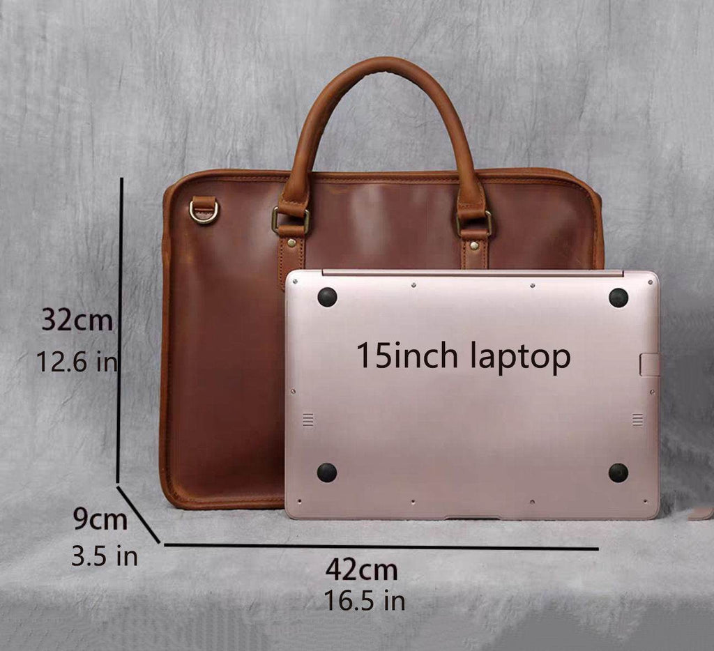 Hemming Leather Laptop Bag in brown leather, structured briefcase with twin handles and 15-inch laptop fit