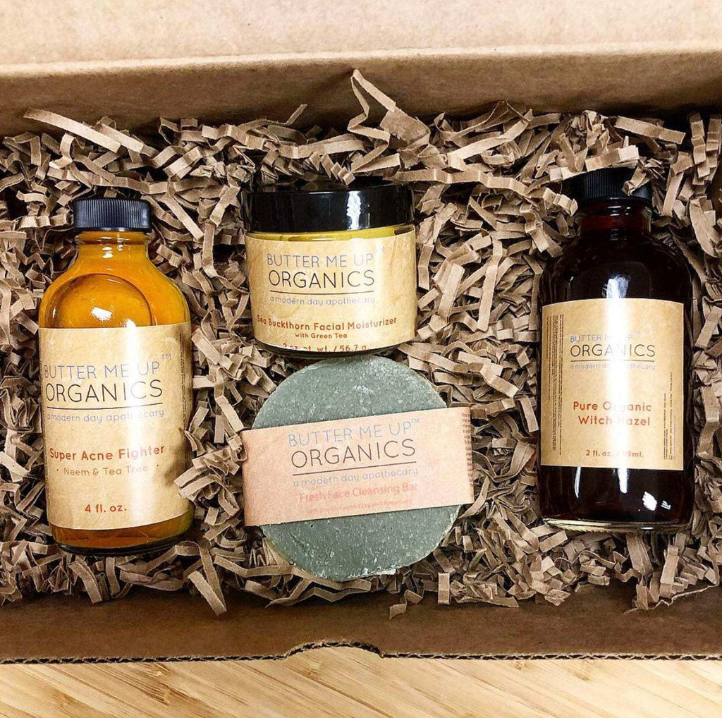 Organic Acne Bundle skincare set with French Green Clay Face Wash, Acne Fighter Serum, Witch Hazel Toner, and Sea Buckthorn Moisturizer by Butter Me Up