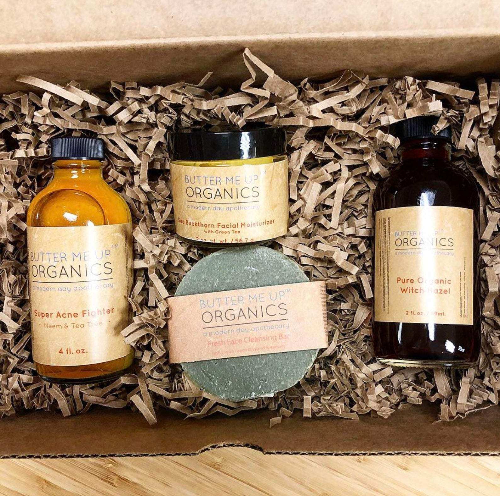 Organic Acne Bundle skincare set with French Green Clay Face Wash, Acne Fighter Serum, Witch Hazel Toner, and Sea Buckthorn Moisturizer by Butter Me Up