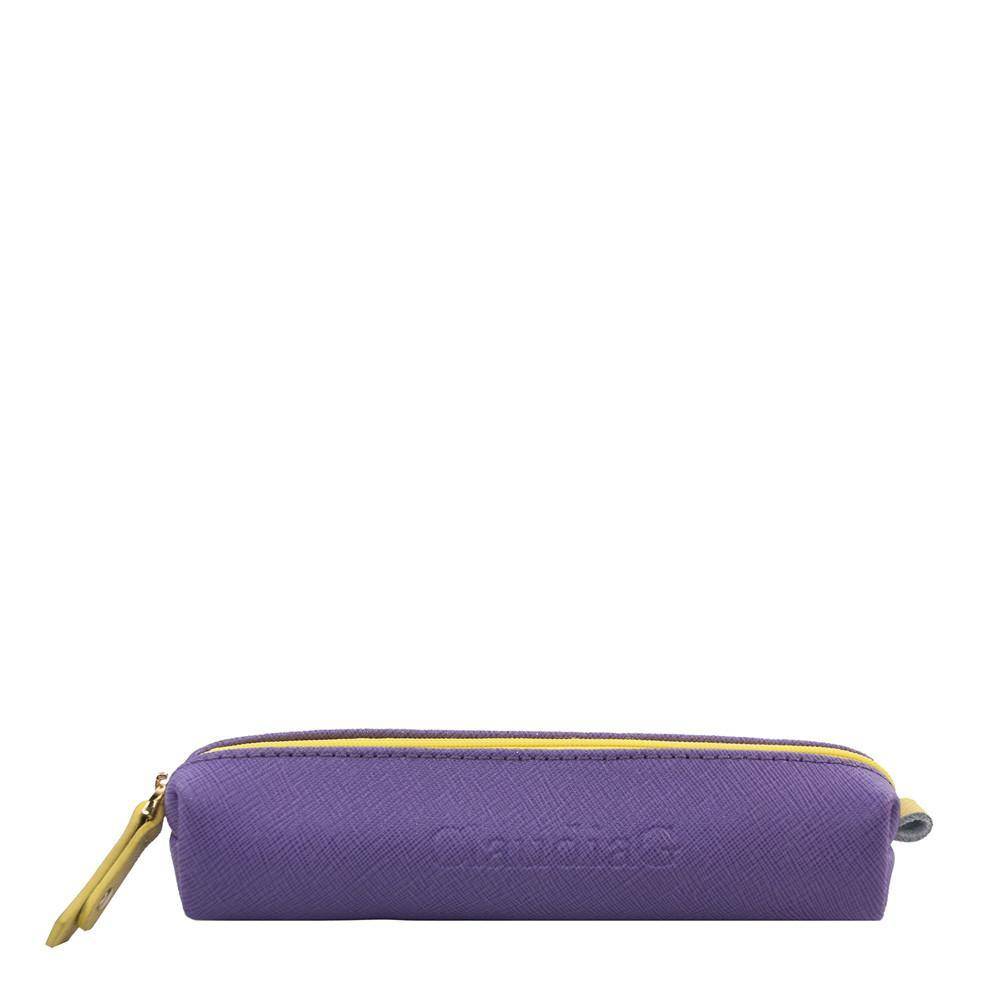ClaudiaG plum leather pouch with gold zipper and embossed logo, elongated design